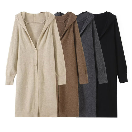 Damen Longline Strickcardigan mit Kapuze, Feinstrick und Knopfverschluss Drune