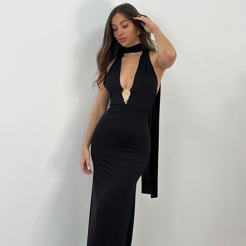 Damen Elegantes Halter-Maxikleid mit verführerischem Ausschnitt Drune