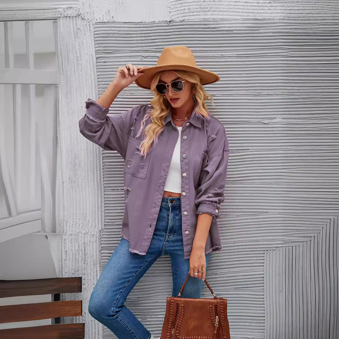 Damen Denim-Hemdjacke im lässigen Oversized-Schnitt mit fransigen Details Drune