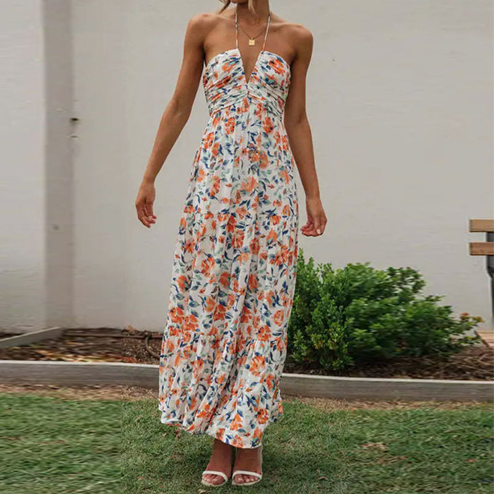 Damen Maxikleid mit tiefem V-Ausschnitt und romantischer Raffung Drune