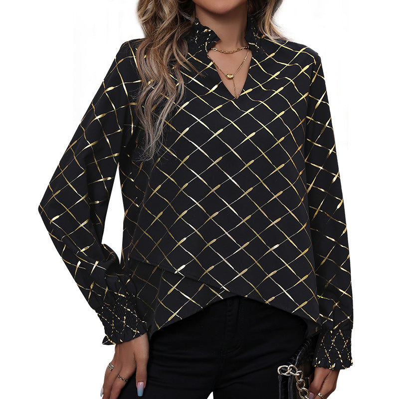 Damen Glänzende Karobluse mit Stehkragen, V‑Ausschnitt und Smokmanschetten Drune