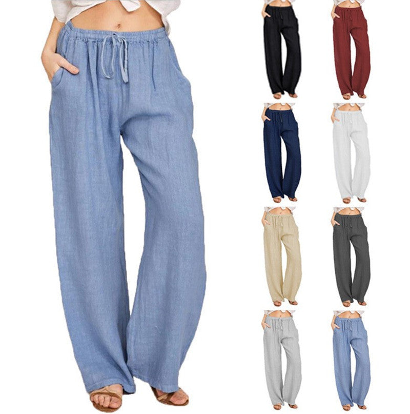 Damen luftige Palazzo-Hose mit Tunnelzugbund, elastischem Taillenabschluss und seitlichen Eingrifftaschen Drune