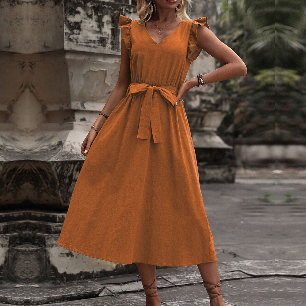Damen Midi-Kleid mit Rüschendetails und tailliertem Bindegürtel Drune