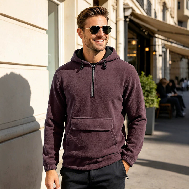 Herren Fleece-Hoodie mit halbem Reißverschluss, Kängurutasche und verstellbarer Kapuze Drune