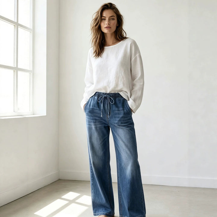 Damen nan Relaxed-Fit Denim-Hose mit elastischem Tunnelzugbund, dezentem Used-Effekt und weitem Bein Drune