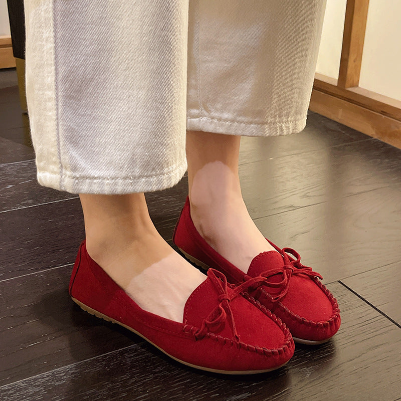 Damen Casual Wildleder Mokassin Ballerinas mit dekorativer Schleife Drune