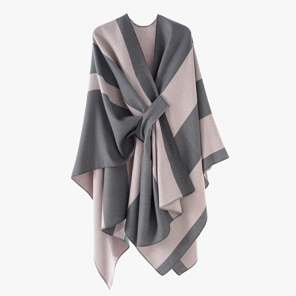Damen Oversize-Cape mit Blockstreifen und Bindegürtel Drune