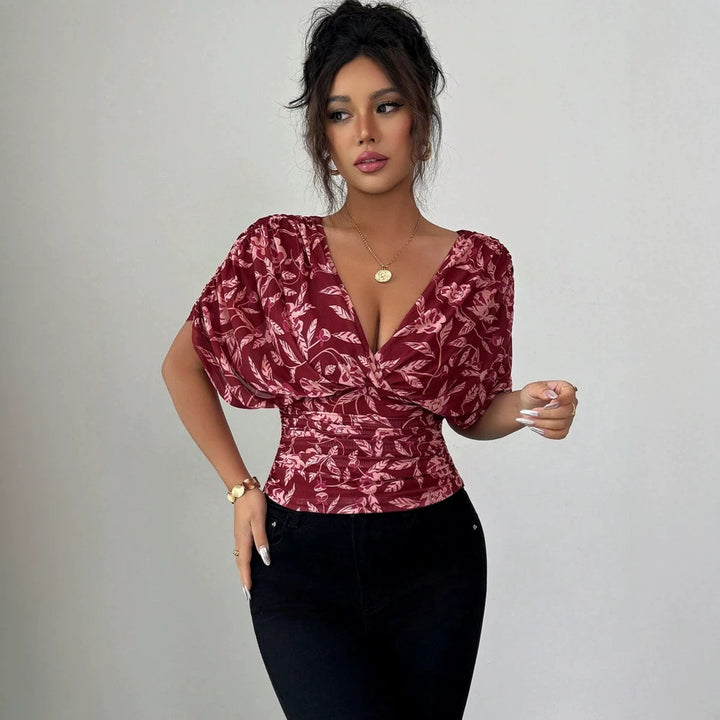 Damen Figurbetonte Wickelbluse mit tiefem V-Ausschnitt, geraffter Taille und Kimonoärmeln Drune