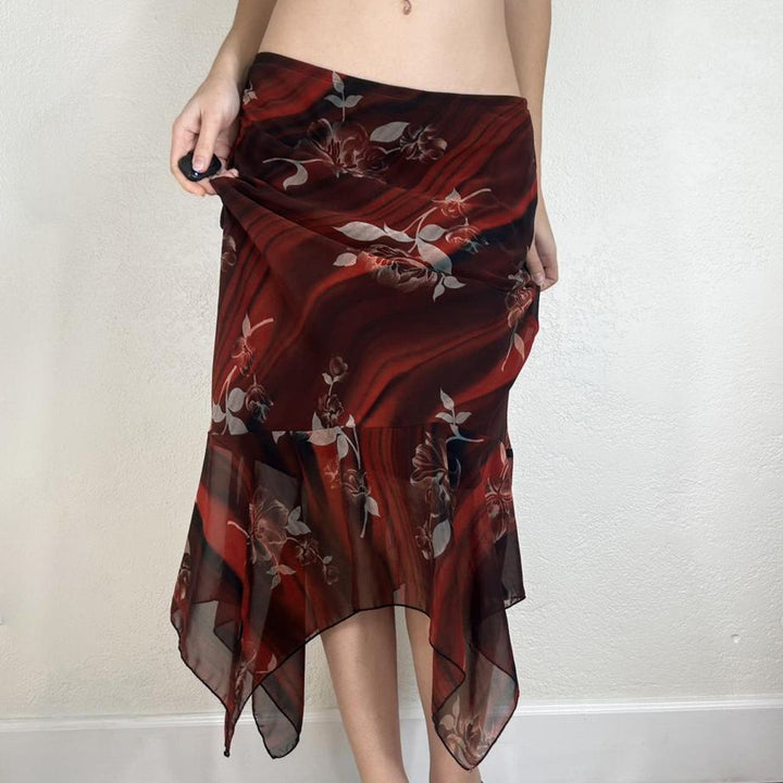 Damen Asymmetrischer Mesh-Midirock mit Volantstufen und floralem Muster Drune