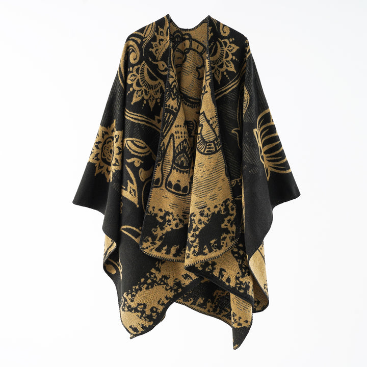 Damen Jacquard-Überwurfponcho mit doppelseitiger Webstruktur und Zierstichkante Drune