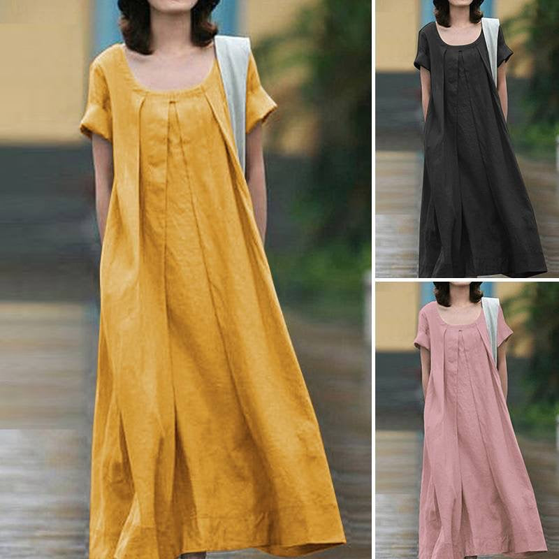 Damen Maxi-Kleid mit weitem Schnitt und elegantem Rundhalsausschnitt Drune