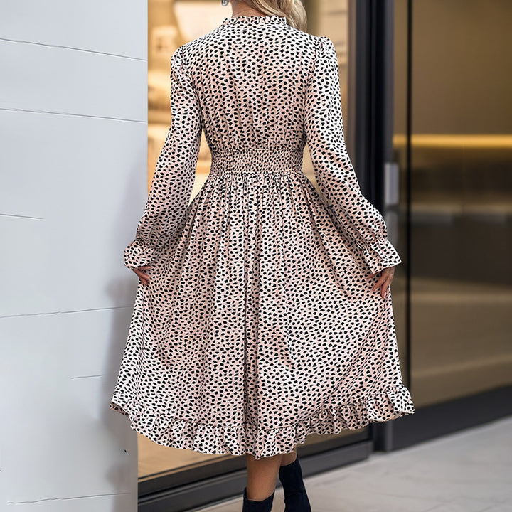 Damen Midikleid mit Smock-Taillenbund, Knopfleiste, Stehkragen und Volantrock Drune