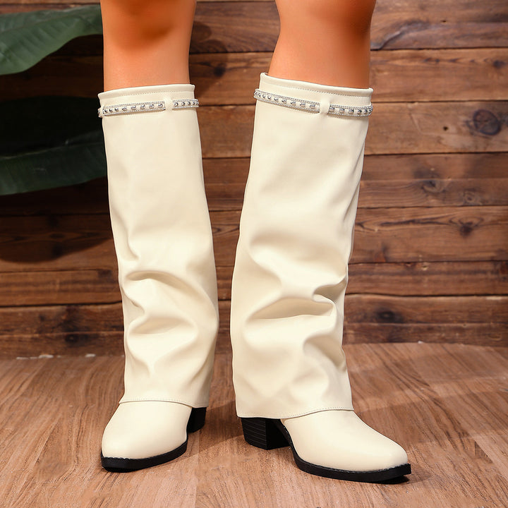 Damen Kniehohe Slouch‑Stiefel mit Strassbesatz und mittlerem Blockabsatz Drune