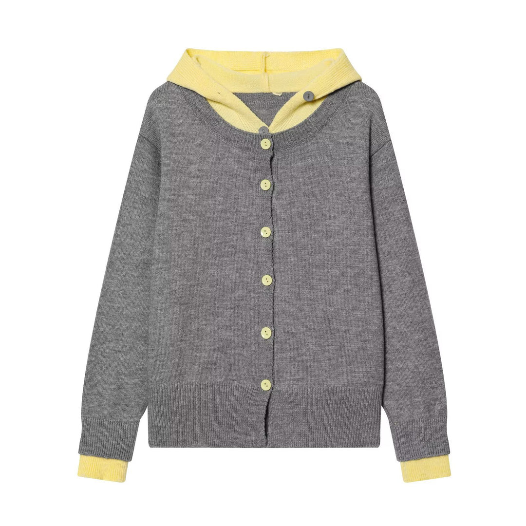 Damen Feinstrick-Cardigan mit Kapuze, Kontrastfutter und Knopfleiste Drune