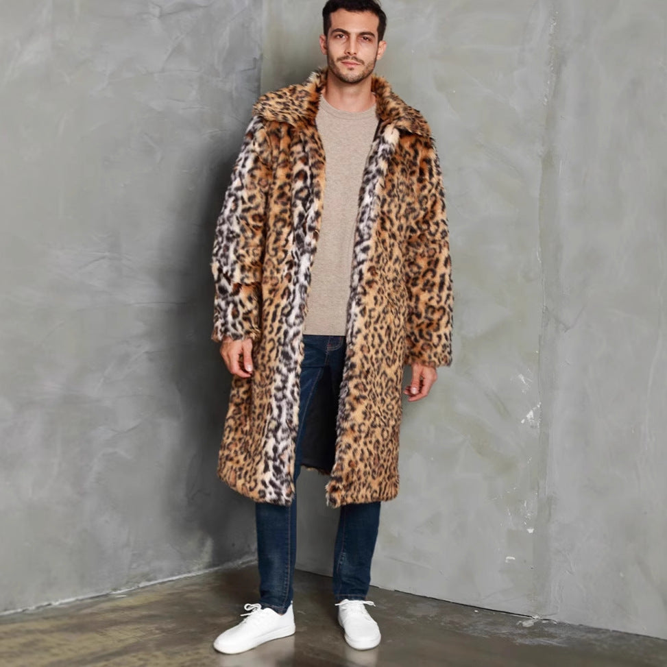Herren Eleganter Kunstfellmantel mit Leopardenmuster und breitem Kragen Drune