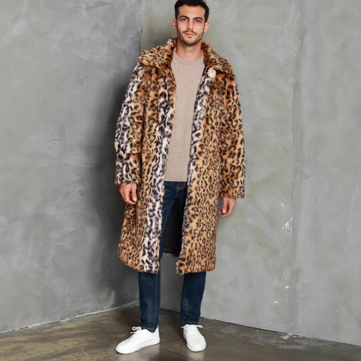Herren Eleganter Kunstfellmantel mit Leopardenmuster und breitem Kragen Drune