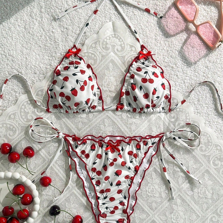 Damen Bikini-Set mit verspieltem Kirschmotiv und verstellbaren Trägern Drune