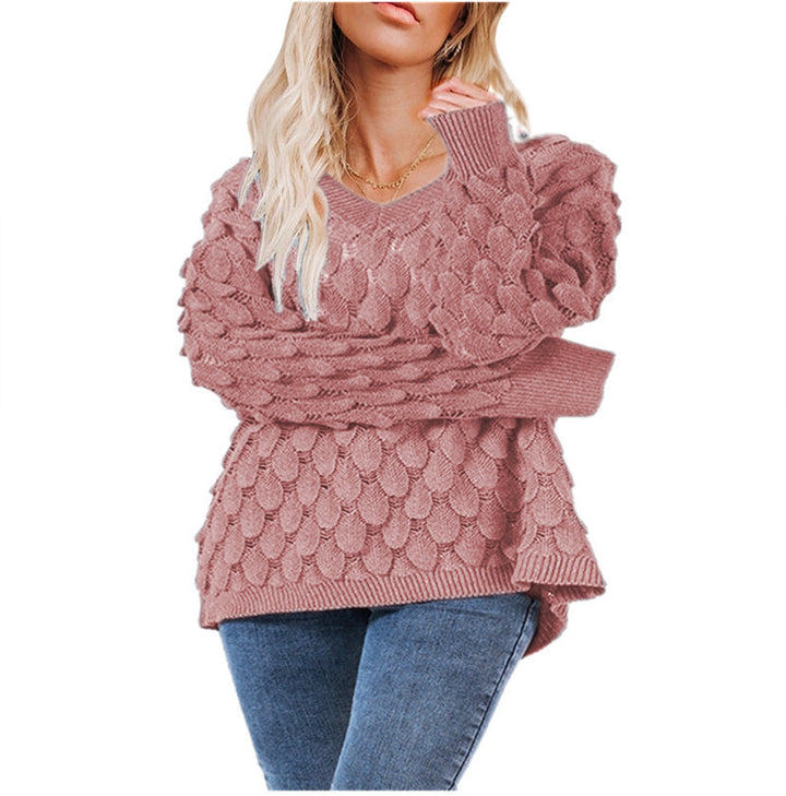 Damen Gemusterter V-Pullover mit voluminösen Ärmeln Drune