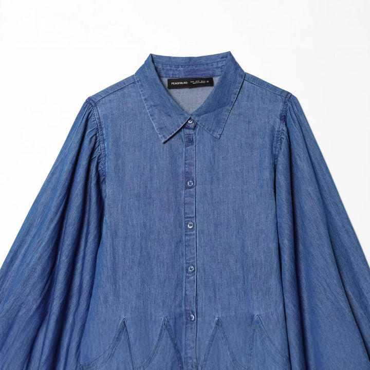 Damen Knielanges Hemdblusenkleid aus Denim mit Ballonärmeln und Faltenrock Drune