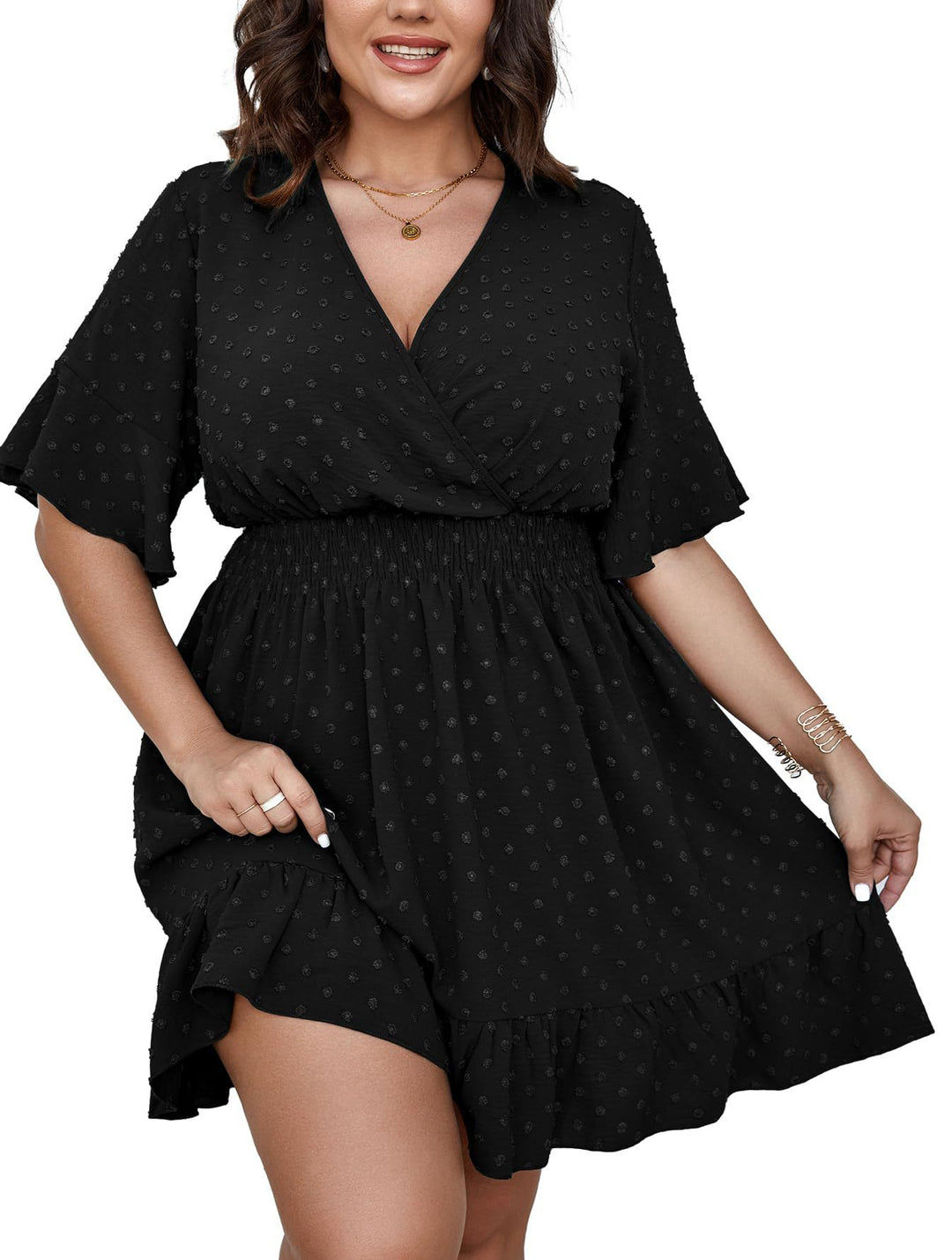 Damen Midikleid mit drapiertem V‑Ausschnitt, Smok-Taillenband und Volantstufen Drune