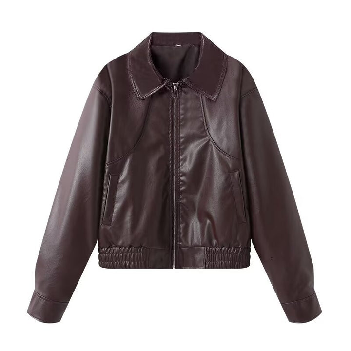 Damen Cropped Kunstleder-Bomberjacke mit übergroßem Hemdkragen und elastischem Saum Drune