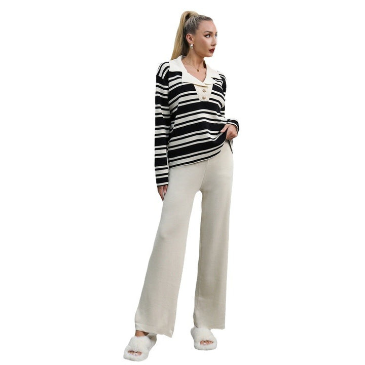Damen elegantes Strick-Loungewear-Set mit einem modischen Kragen und weit geschnittenen Hosen Drune