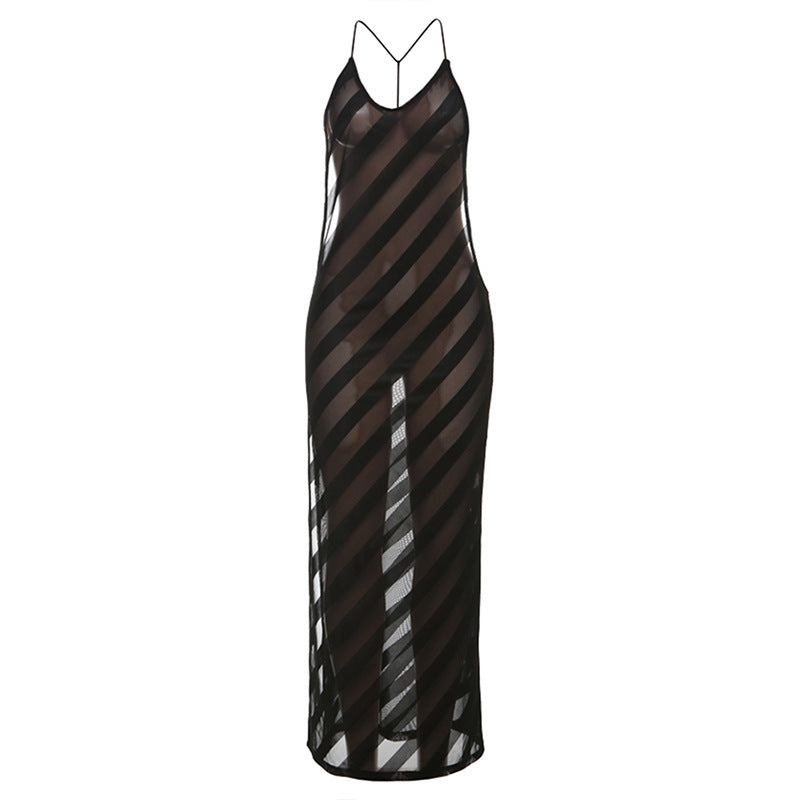 Damen Langes Sommerkleid mit tiefem Rückenausschnitt und schickem Streifenmuster Drune