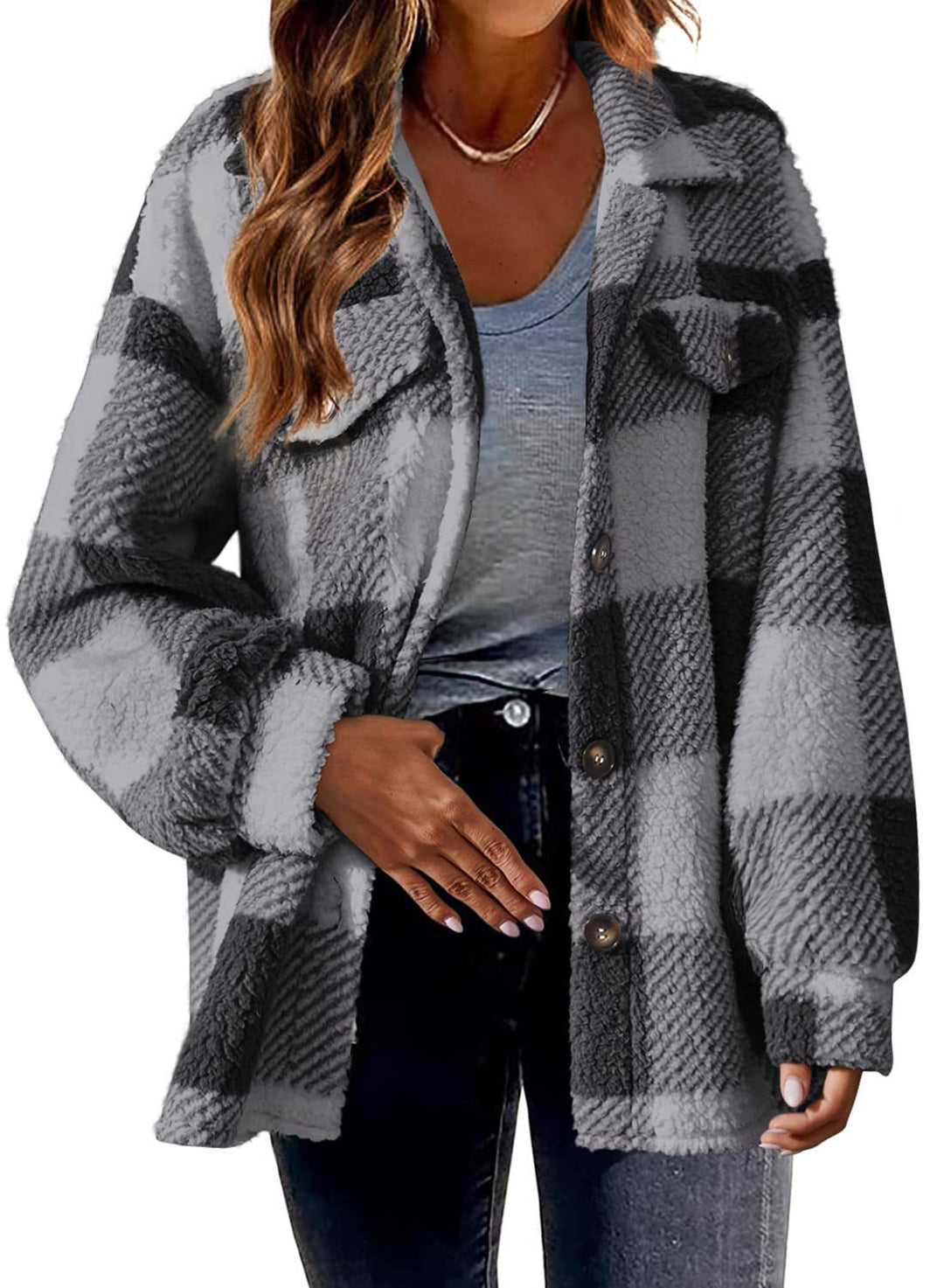 Damen Kuschelige Karodesign Jacke mit Knöpfen und Brusttasche Drune
