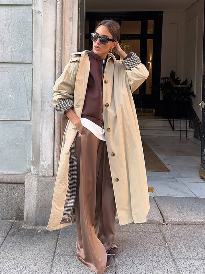 Damen Maxilanger Trenchcoat mit Karofutter, weitem Fall & klassischer Knopfleiste Drune