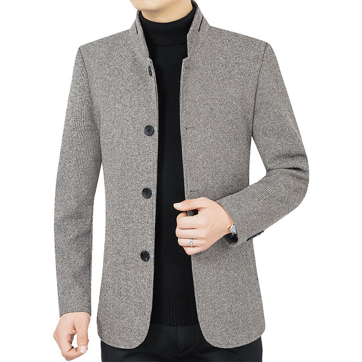 Herren Moderner taillierter Mantel mit Stehkragen und Knopfleiste aus Wollmix Drune