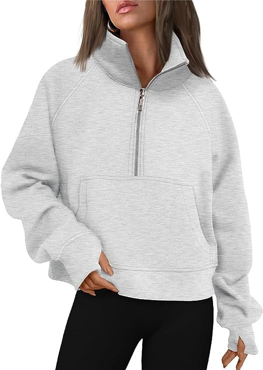Damen nan verkürztes Oversize-Fleece-Sweat mit halbem Reißverschluss, Stehkragen, Kängurutasche und Daumenlochbündchen Drune