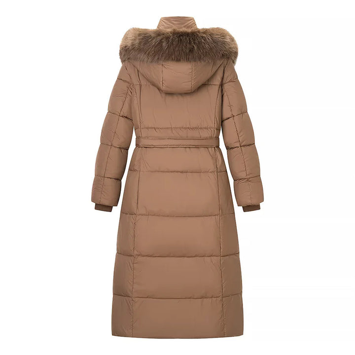 Damen nan lang geschnittener Thermosteppmantel mit separater Innenjacke, Kapuze und Bindegürtel Drune