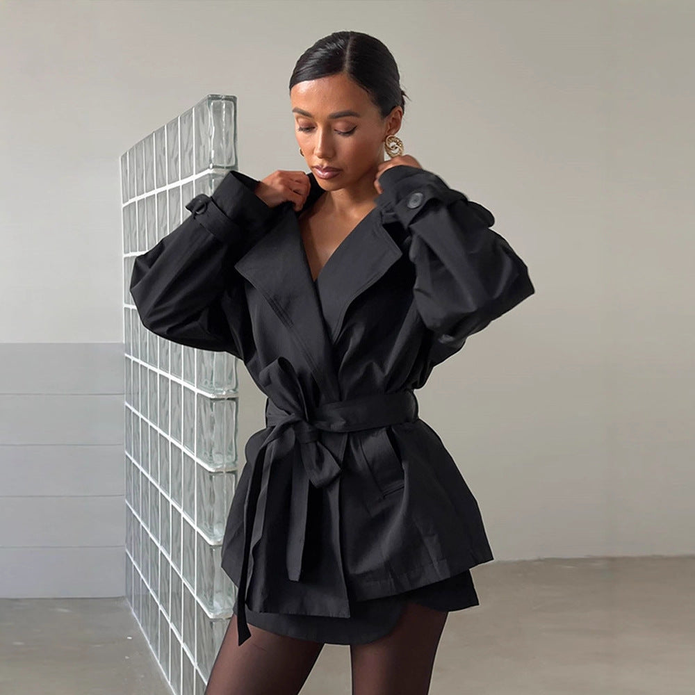 Damen Modische Kurztrenchjacke mit Taillenknoten und großzügigen Taschen Drune