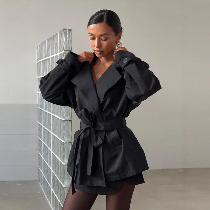 Damen Modische Kurztrenchjacke mit Taillenknoten und großzügigen Taschen Drune