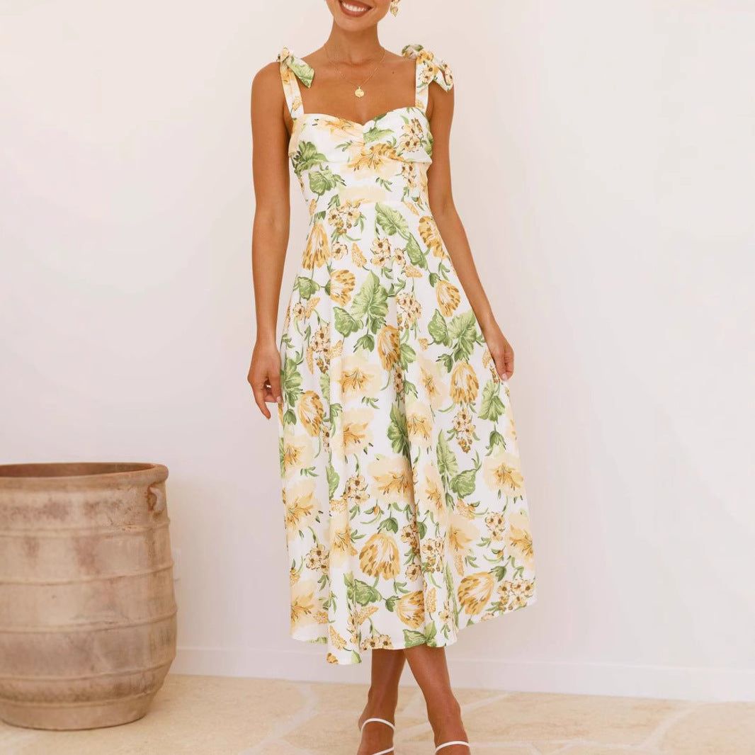 Damen florales Maxikleid mit schulterfreier Gestaltung und verspielten Rüschen Drune