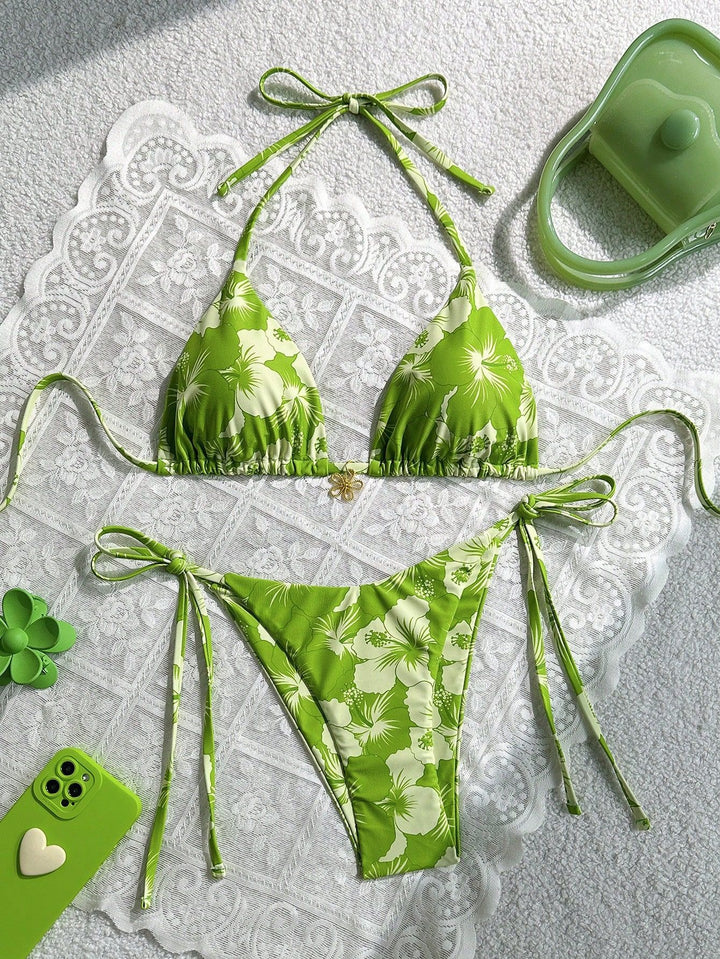 Damen Triangel-Bikini mit floralen Akzenten und raffinierten Bindebändern Drune