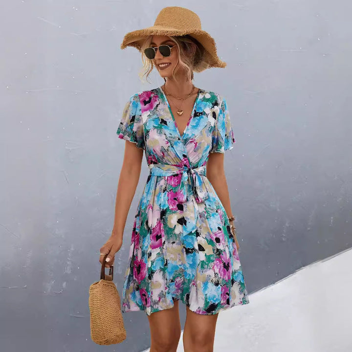 Damen Wickelkleid mit floralem Muster und schwingendem Rock Drune