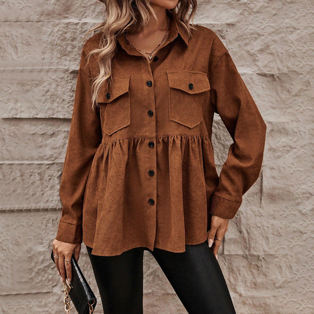 Damen Cord-Peplum-Bluse mit Hemdkragen aufgesetzten Brusttaschen und durchgehender Knopfleiste Drune