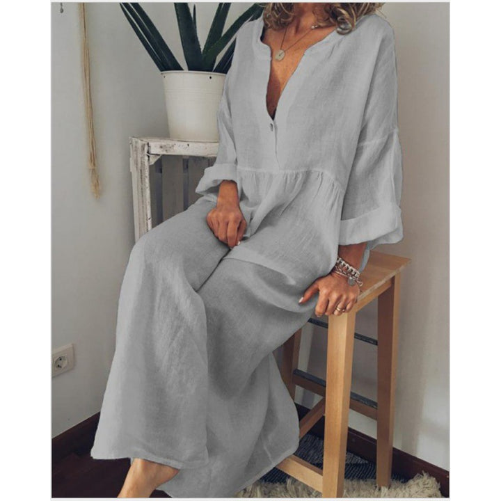 Damen Langes Leinen-Maxikleid mit V-Ausschnitt, geraffter Taille und 3/4-Ärmeln Drune