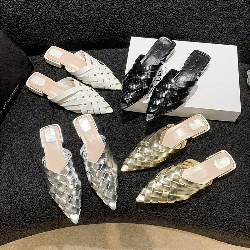 Damen Gewebe Spitz-Zehen Slide Mules mit Dickem Absatz Drune