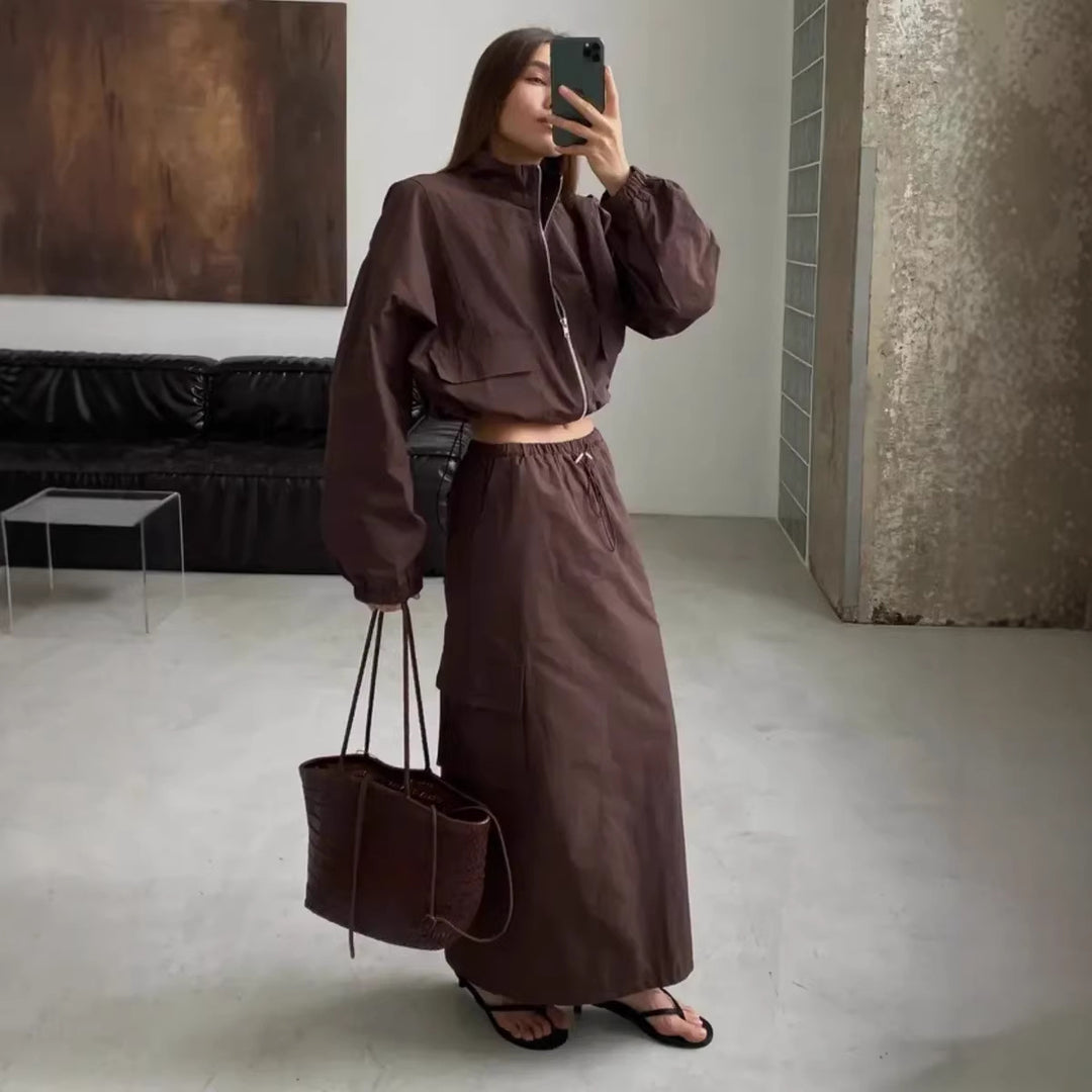 Damen praktische Utility-Jacke mit hohem Kragen und Taillenregulierung