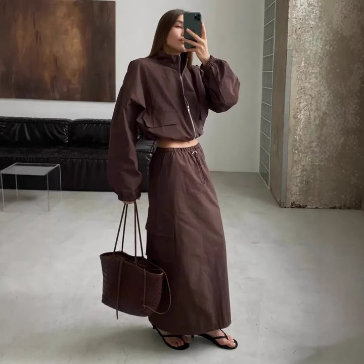 Damen praktische Utility-Jacke mit hohem Kragen und Taillenregulierung