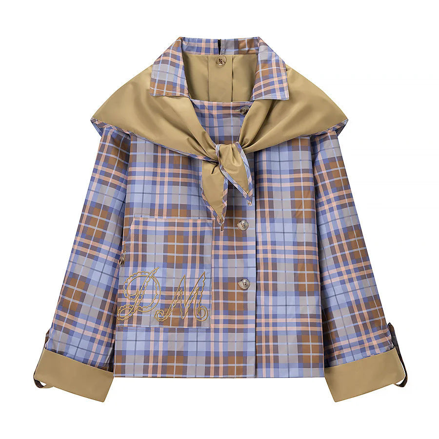 Damen nan kastige Regenblousonjacke mit abnehmbarem Karotuch als Kragendetail und bestickter aufgesetzter Tasche Drune
