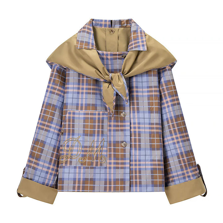 Damen nan kastige Regenblousonjacke mit abnehmbarem Karotuch als Kragendetail und bestickter aufgesetzter Tasche Drune