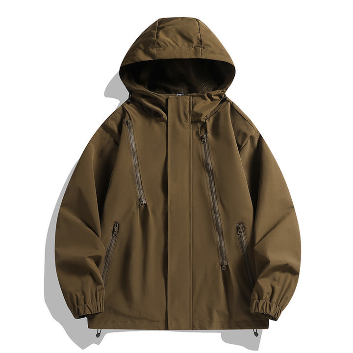 Herren wasserabweisende Kapuzenjacke mit diagonal verlaufenden Reißverschlüssen und verstellbarem Saum Drune
