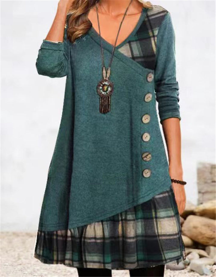 Damen asymmetrisches Freizeitkleid mit kariertem Saum und Knopfdetail Drune