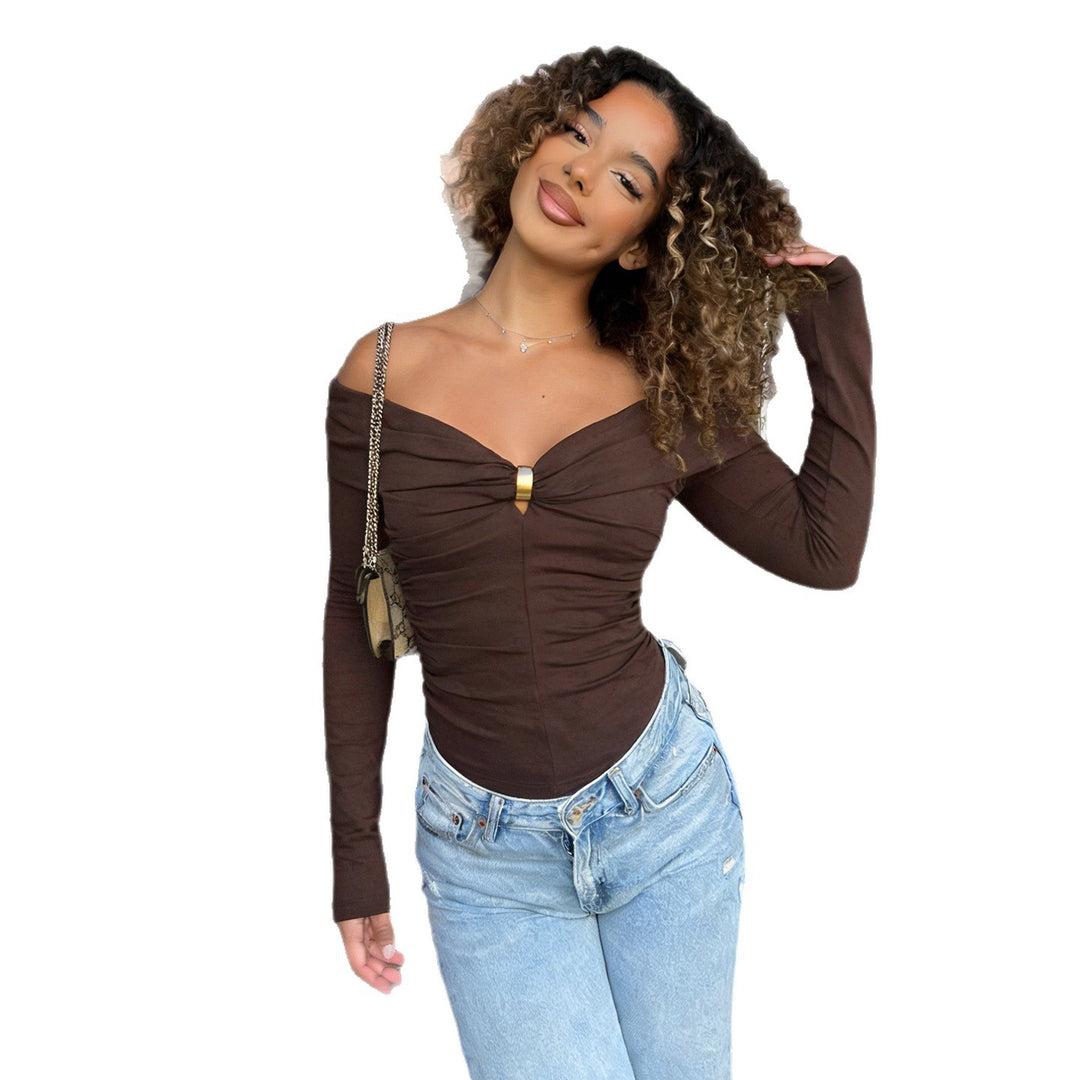 Damen Schulterfreies gerafftes Langarm-Cami mit Zierclip Drune