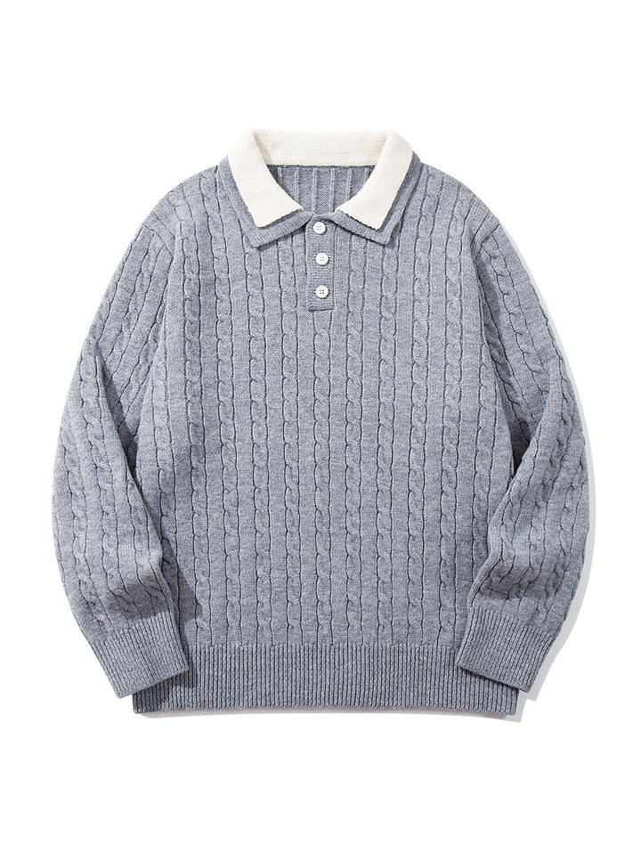 Unisex Polo-Strickpullover mit Zopfstrick und Kontrastkragen Drune