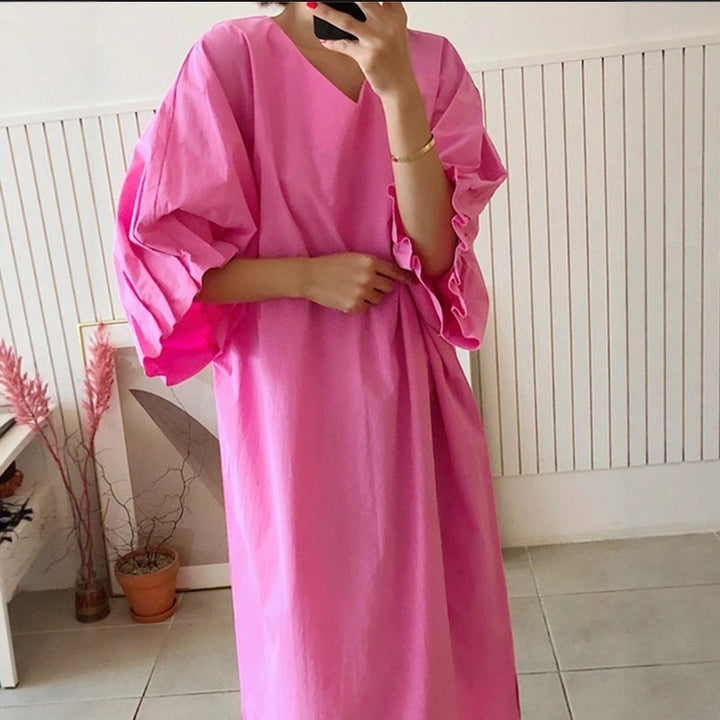 Damen Oversized V-Ausschnitt Baumwollkleid mit Volantärmeln Drune