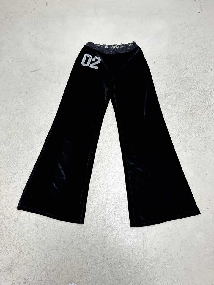 Damen weite Velvet-Palazzo-Hose mit Spitze Drune
